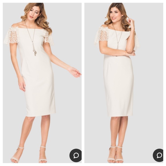 Joseph Ribkoff Off-Shoulder Lace Sleeve Sheath Dress Cream SZ 10 - Picture 2 of 16